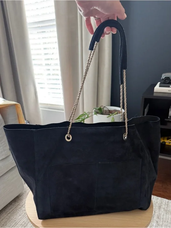 Sézane Gaby Suede Tote | Navy Blue | Gold Chain Strap | Large Bag w/ Dust Bag - Picture 1 of 7